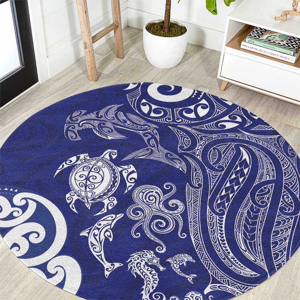 New Zealand Sea Animals with Maori Tribal Tattoo Round Carpet Blue Color LT03 Blue - Polynesian Pride