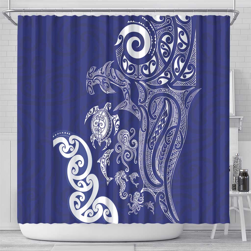 New Zealand Sea Animals with Maori Tribal Tattoo Shower Curtain Blue Color