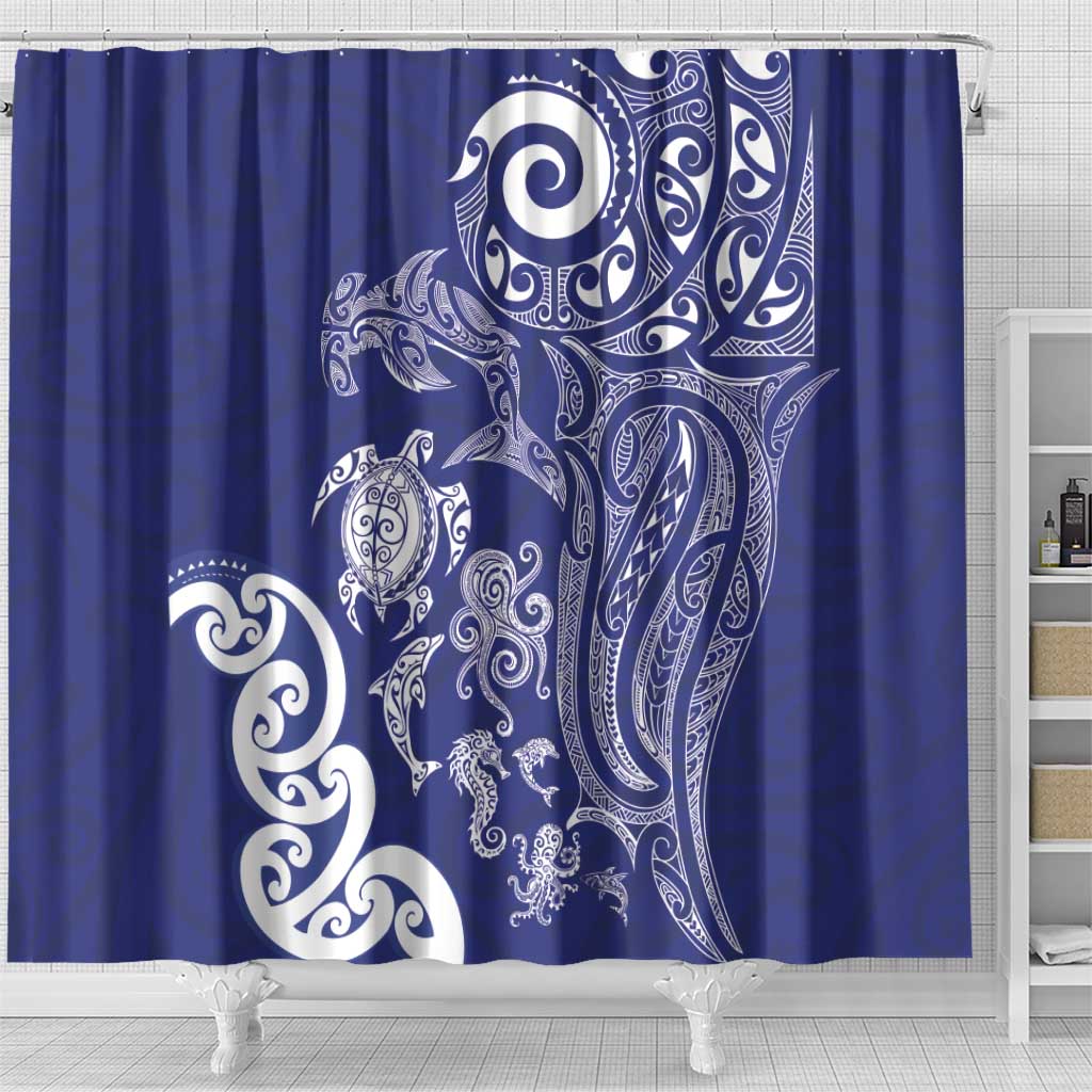 New Zealand Sea Animals with Maori Tribal Tattoo Shower Curtain Blue Color
