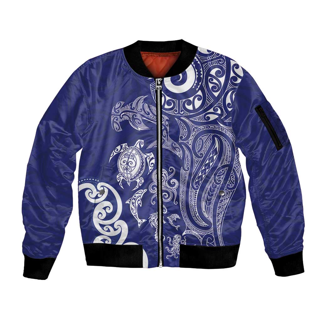 New Zealand Sea Animals with Maori Tribal Tattoo Sleeve Zip Bomber Jacket Blue Color