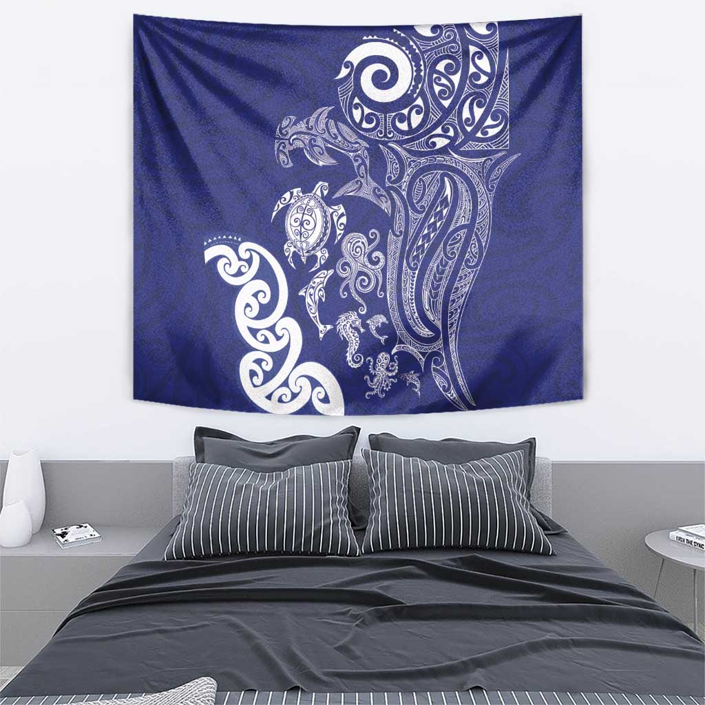 New Zealand Sea Animals with Maori Tribal Tattoo Tapestry Blue Color