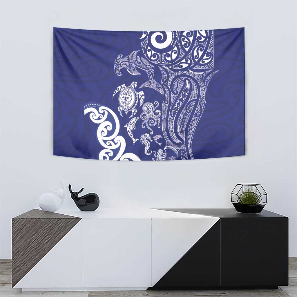 New Zealand Sea Animals with Maori Tribal Tattoo Tapestry Blue Color