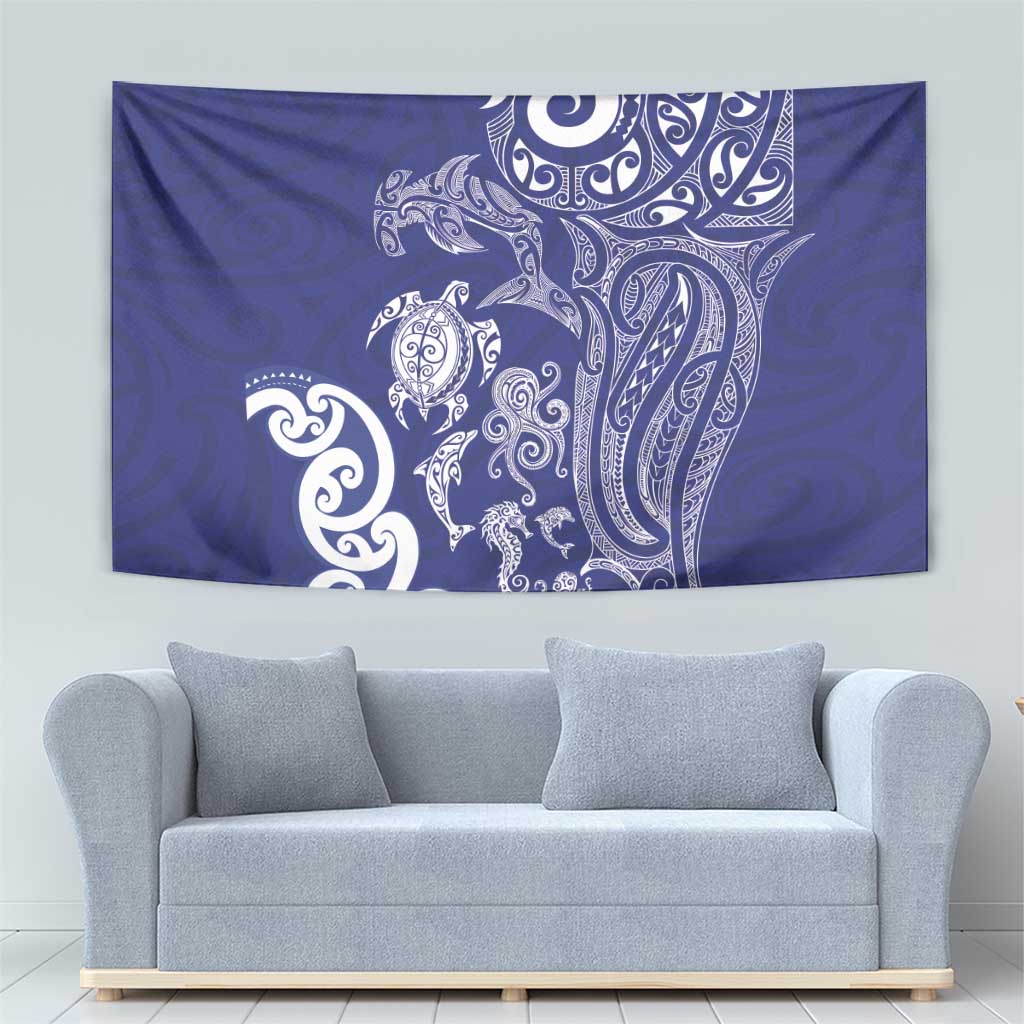 New Zealand Sea Animals with Maori Tribal Tattoo Tapestry Blue Color