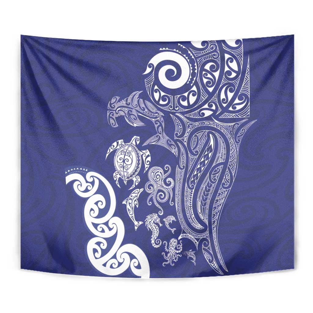New Zealand Sea Animals with Maori Tribal Tattoo Tapestry Blue Color