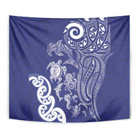 New Zealand Sea Animals with Maori Tribal Tattoo Tapestry Blue Color