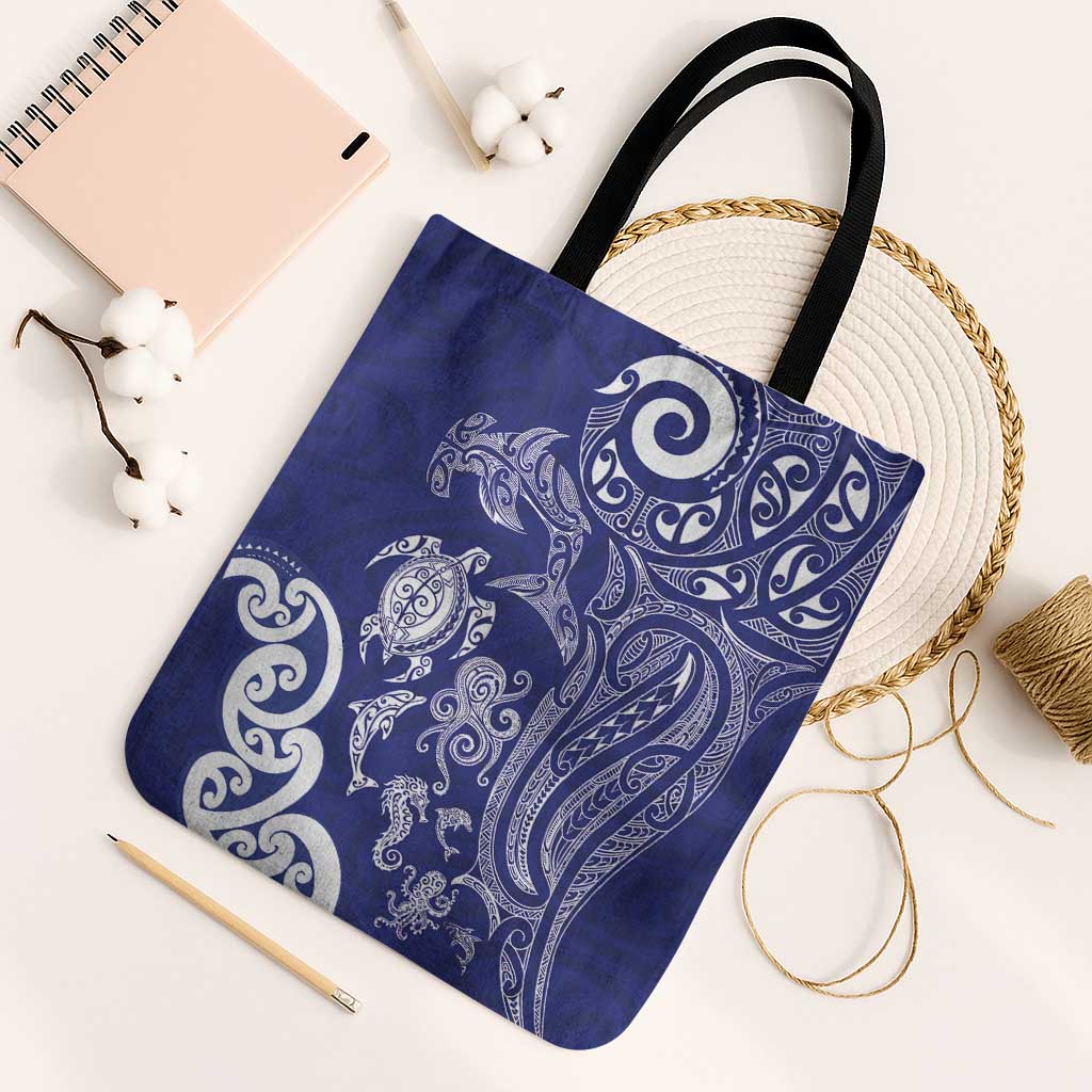 New Zealand Sea Animals with Maori Tribal Tattoo Tote Bag Blue Color