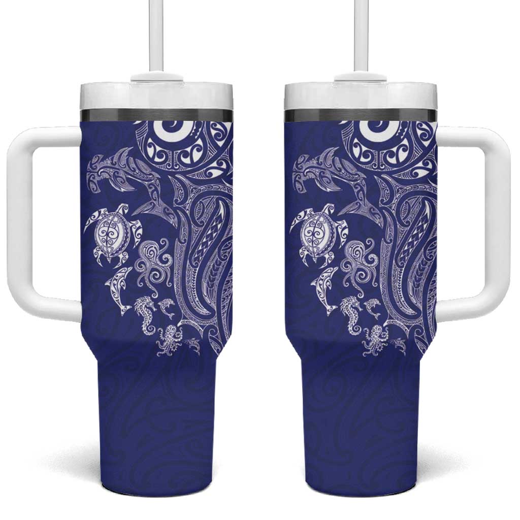 New Zealand Sea Animals with Maori Tribal Tattoo Tumbler With Handle Blue Color LT03 One Size: 40 oz Blue - Polynesian Pride