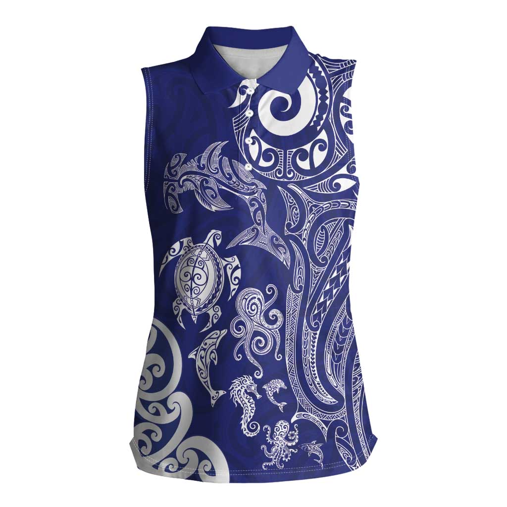 New Zealand Sea Animals with Maori Tribal Tattoo Women Sleeveless Polo Shirt Blue Color