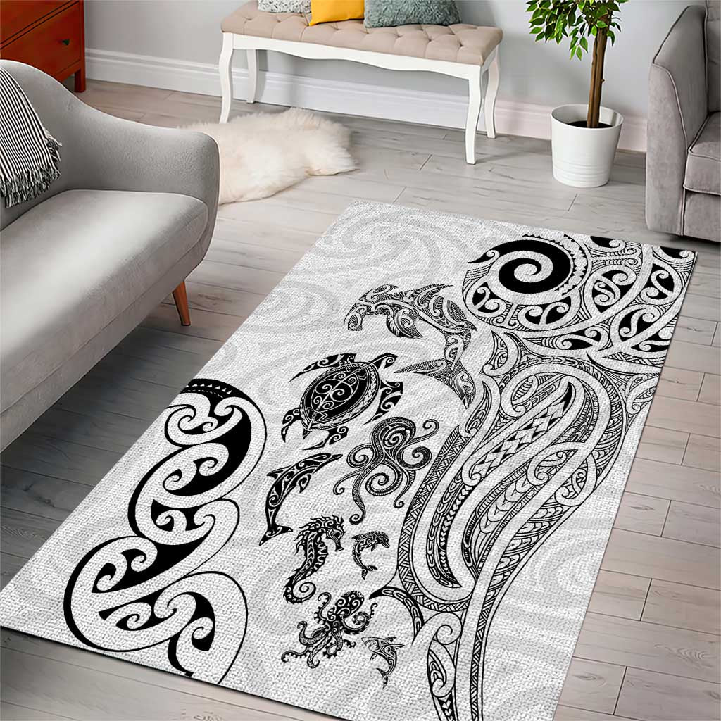 New Zealand Sea Animals with Maori Tribal Tattoo Area Rug White Color