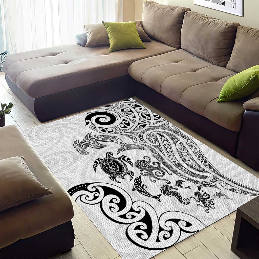 New Zealand Sea Animals with Maori Tribal Tattoo Area Rug White Color