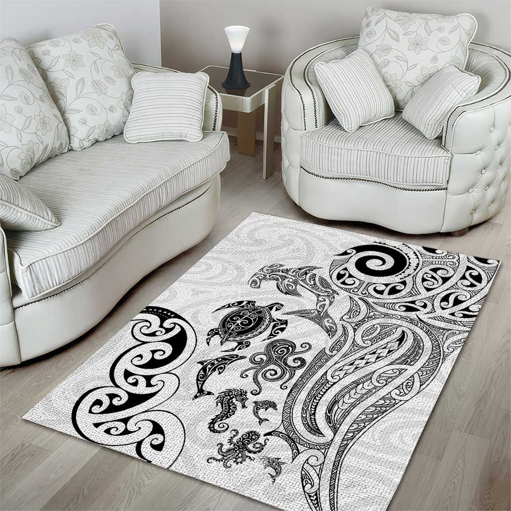 New Zealand Sea Animals with Maori Tribal Tattoo Area Rug White Color