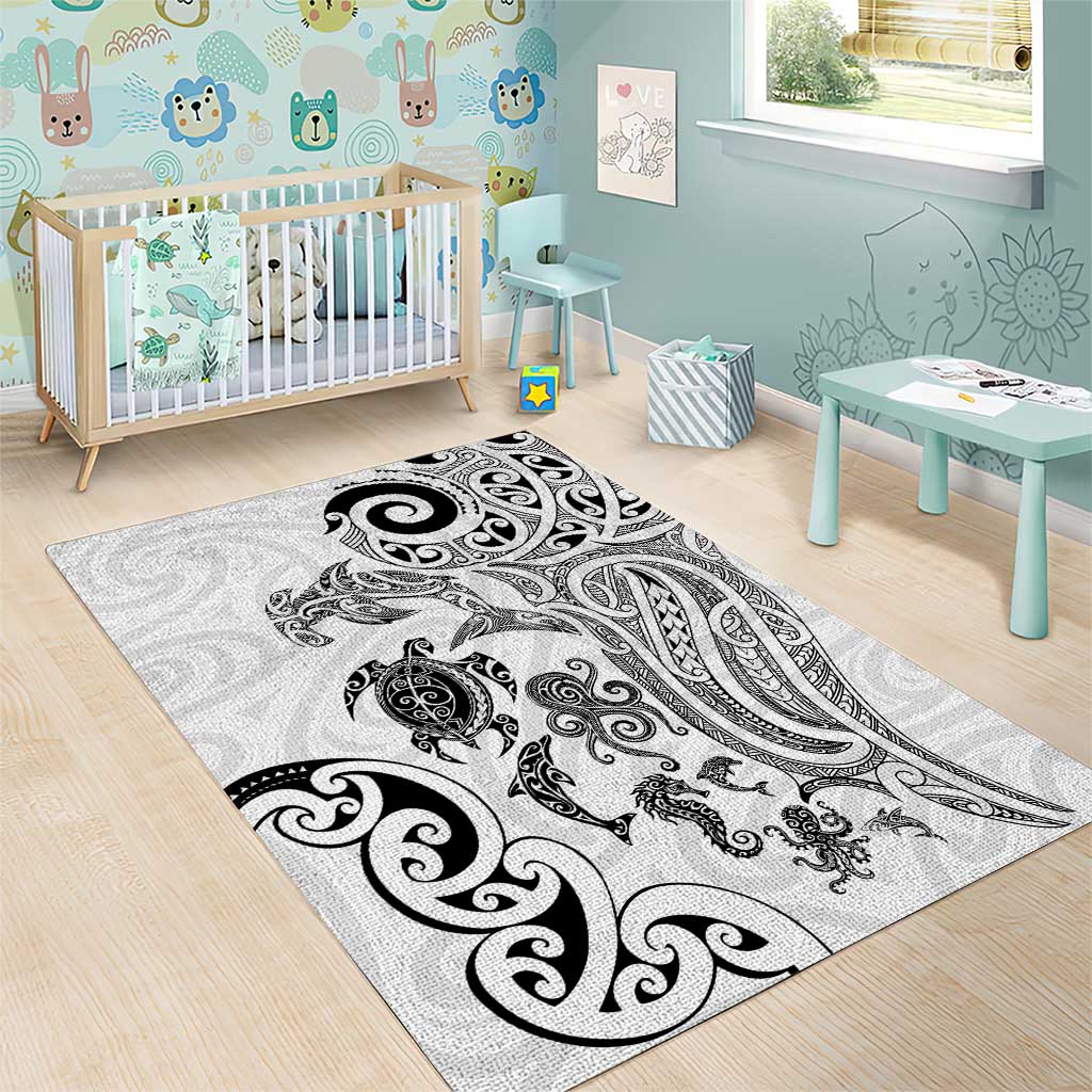 New Zealand Sea Animals with Maori Tribal Tattoo Area Rug White Color