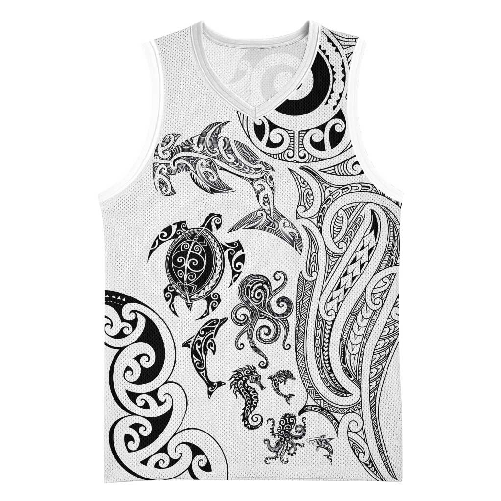 New Zealand Sea Animals with Maori Tribal Tattoo Basketball Jersey White Color LT03 Unisex White - Polynesian Pride