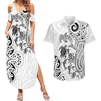 New Zealand Sea Animals with Maori Tribal Tattoo Couples Matching Summer Maxi Dress and Hawaiian Shirt White Color