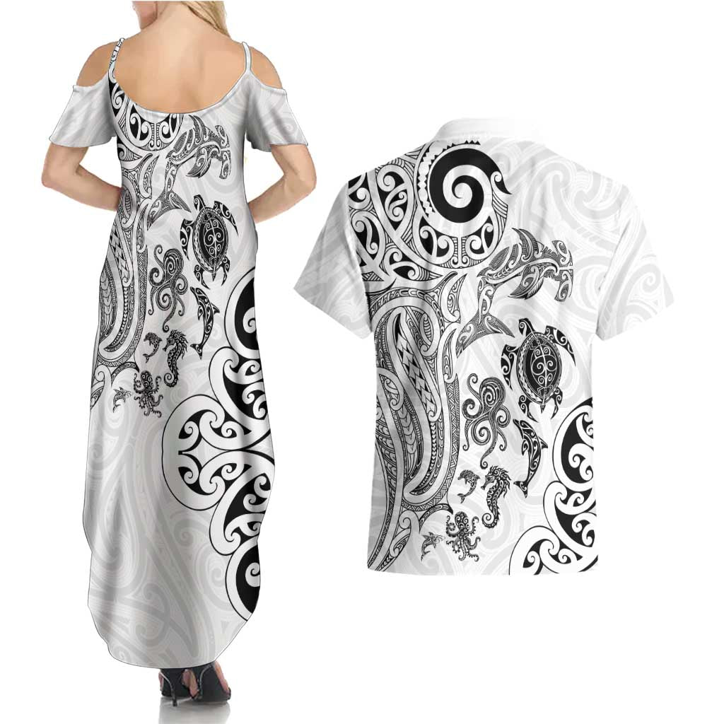 New Zealand Sea Animals with Maori Tribal Tattoo Couples Matching Summer Maxi Dress and Hawaiian Shirt White Color