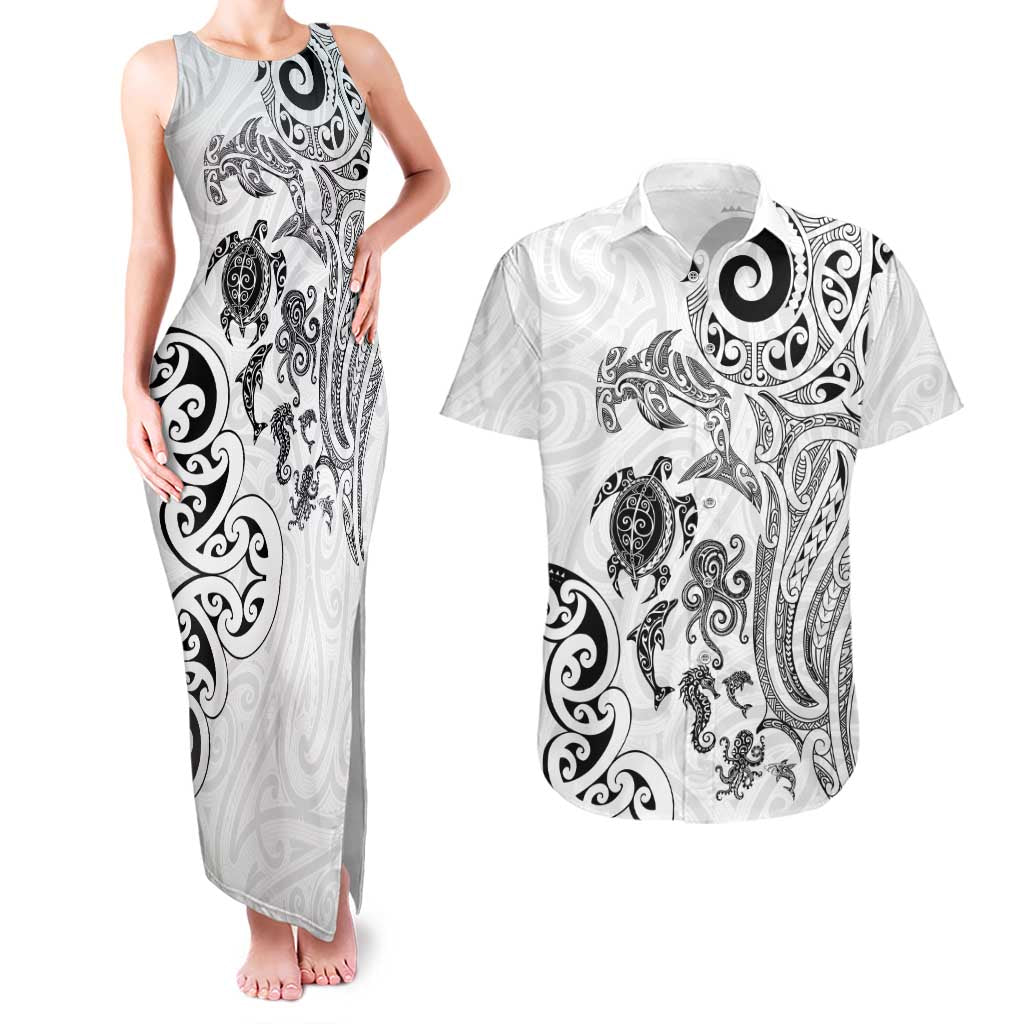 New Zealand Sea Animals with Maori Tribal Tattoo Couples Matching Tank Maxi Dress and Hawaiian Shirt White Color LT03 White - Polynesian Pride