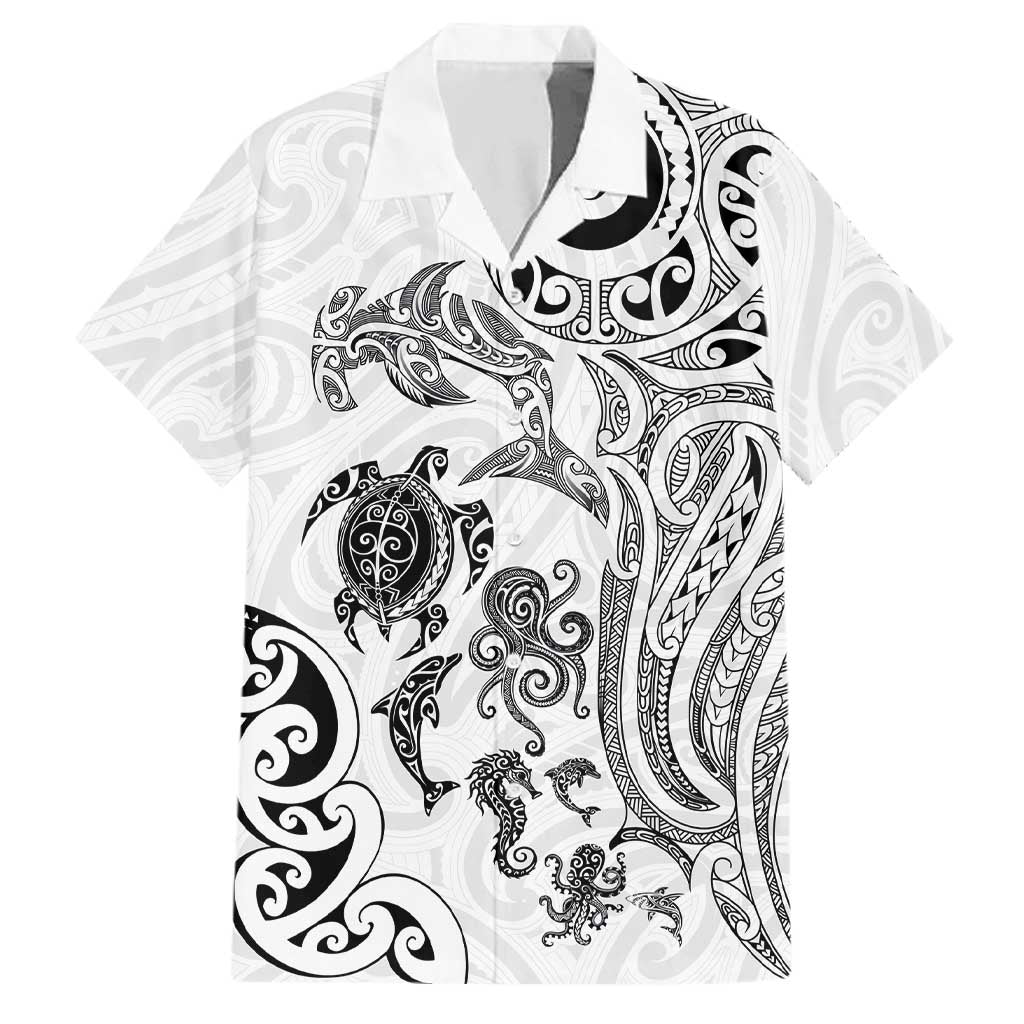New Zealand Sea Animals with Maori Tribal Tattoo Family Matching Long Sleeve Bodycon Dress and Hawaiian Shirt White Color LT03 Dad's Shirt - Short Sleeve White - Polynesian Pride