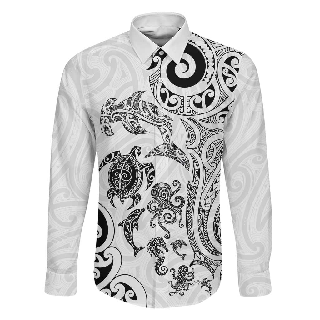 New Zealand Sea Animals with Maori Tribal Tattoo Family Matching Long Sleeve Bodycon Dress and Hawaiian Shirt White Color LT03 Dad's Shirt - Long Sleeve White - Polynesian Pride