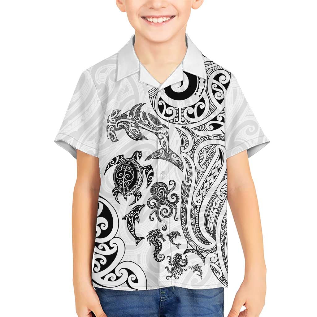 New Zealand Sea Animals with Maori Tribal Tattoo Family Matching Long Sleeve Bodycon Dress and Hawaiian Shirt White Color LT03 Son's Shirt White - Polynesian Pride