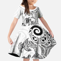 New Zealand Sea Animals with Maori Tribal Tattoo Family Matching Mermaid Dress and Hawaiian Shirt White Color LT03 Daughter's Dress White - Polynesian Pride