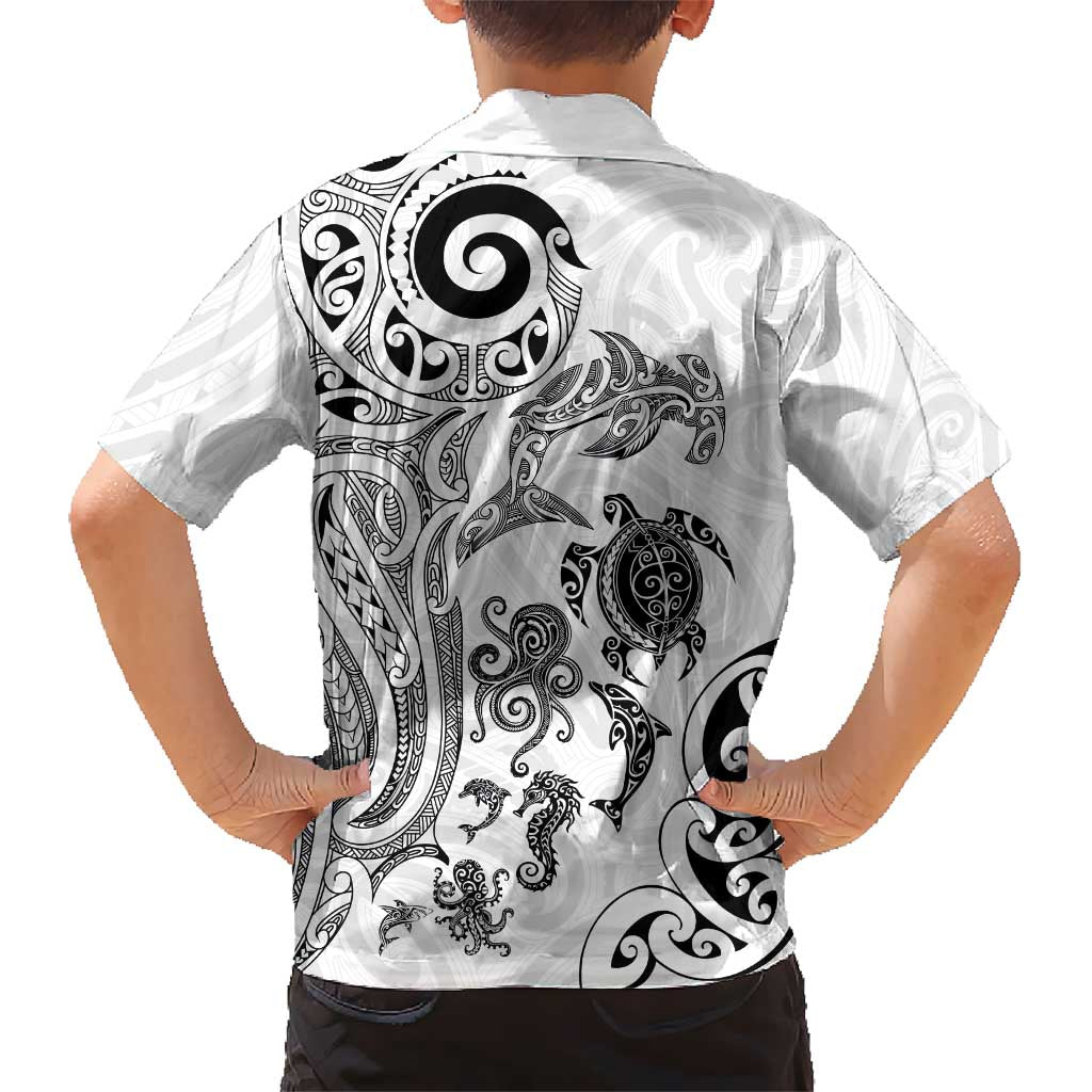 New Zealand Sea Animals with Maori Tribal Tattoo Family Matching Short Sleeve Bodycon Dress and Hawaiian Shirt White Color LT03 - Polynesian Pride