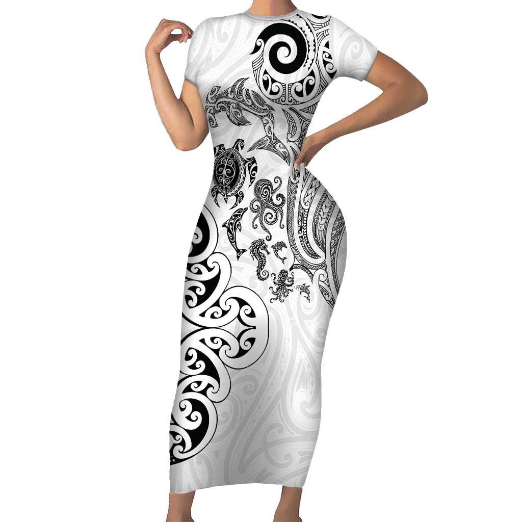New Zealand Sea Animals with Maori Tribal Tattoo Family Matching Short Sleeve Bodycon Dress and Hawaiian Shirt White Color LT03 Mom's Dress White - Polynesian Pride