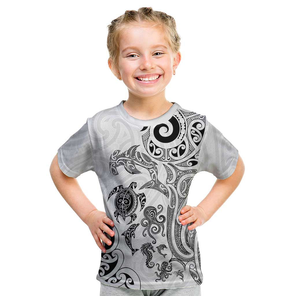 New Zealand Sea Animals with Maori Tribal Tattoo Kid T Shirt White Color