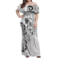 New Zealand Sea Animals with Maori Tribal Tattoo Off Shoulder Maxi Dress White Color
