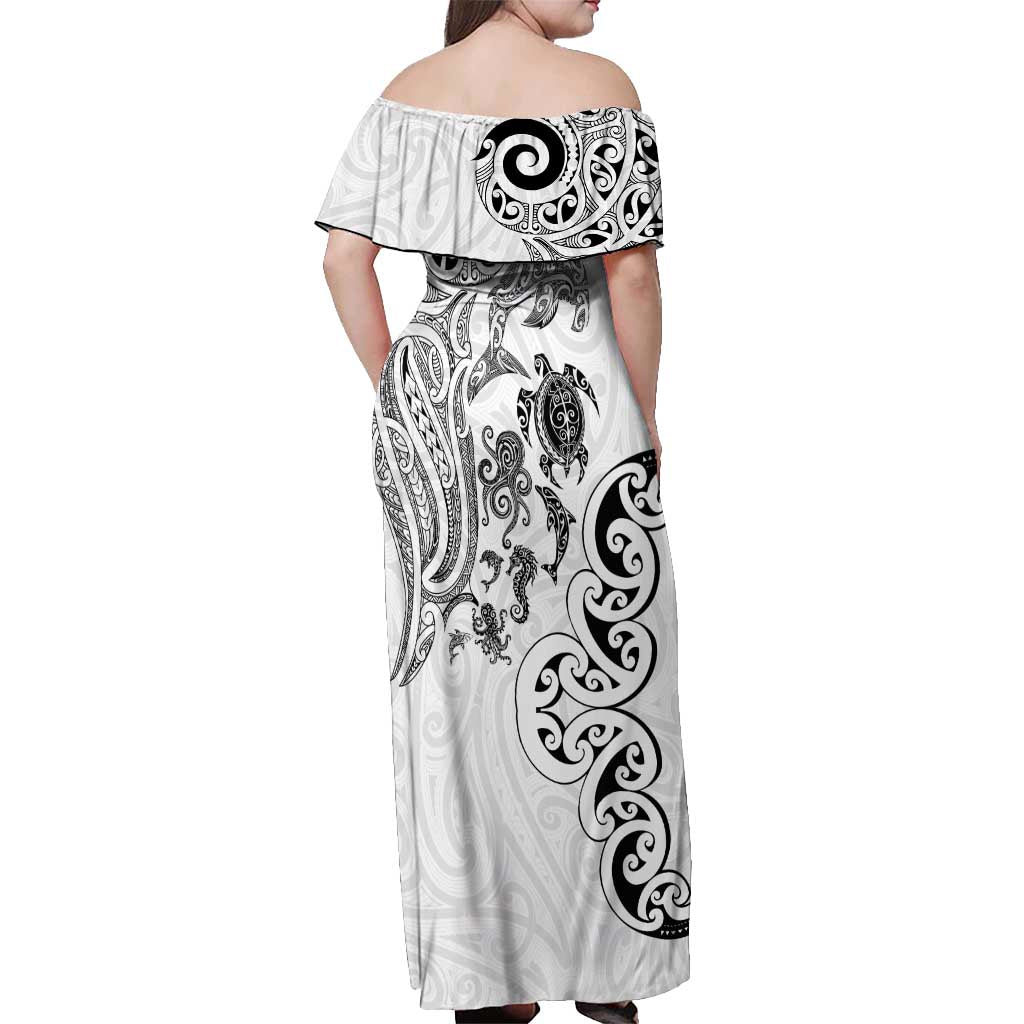 New Zealand Sea Animals with Maori Tribal Tattoo Off Shoulder Maxi Dress White Color
