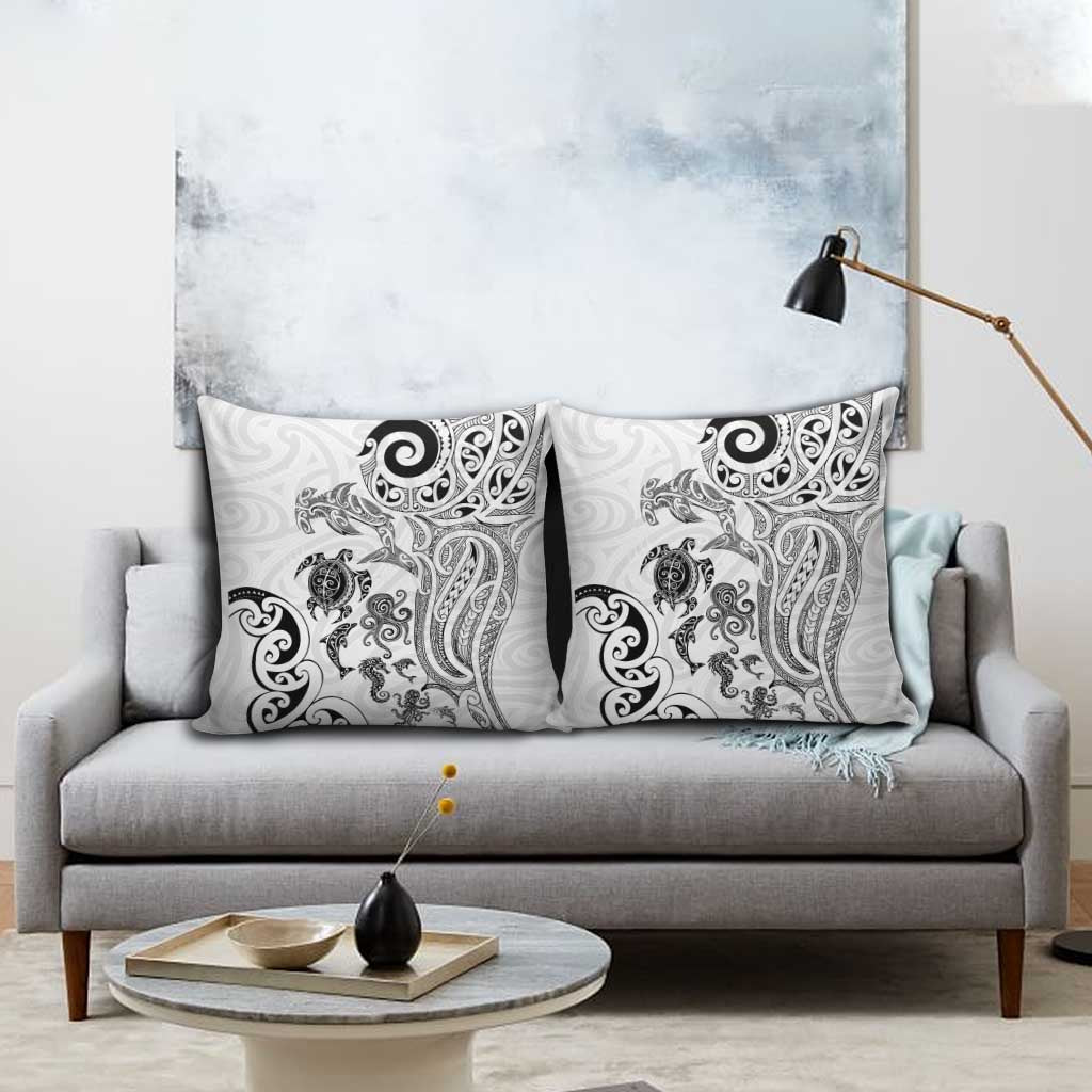 New Zealand Sea Animals with Maori Tribal Tattoo Pillow Cover White Color