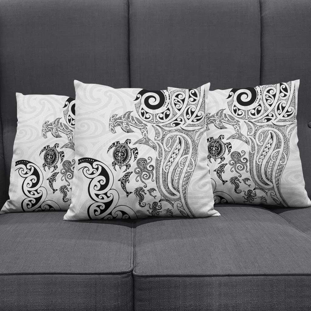 New Zealand Sea Animals with Maori Tribal Tattoo Pillow Cover White Color