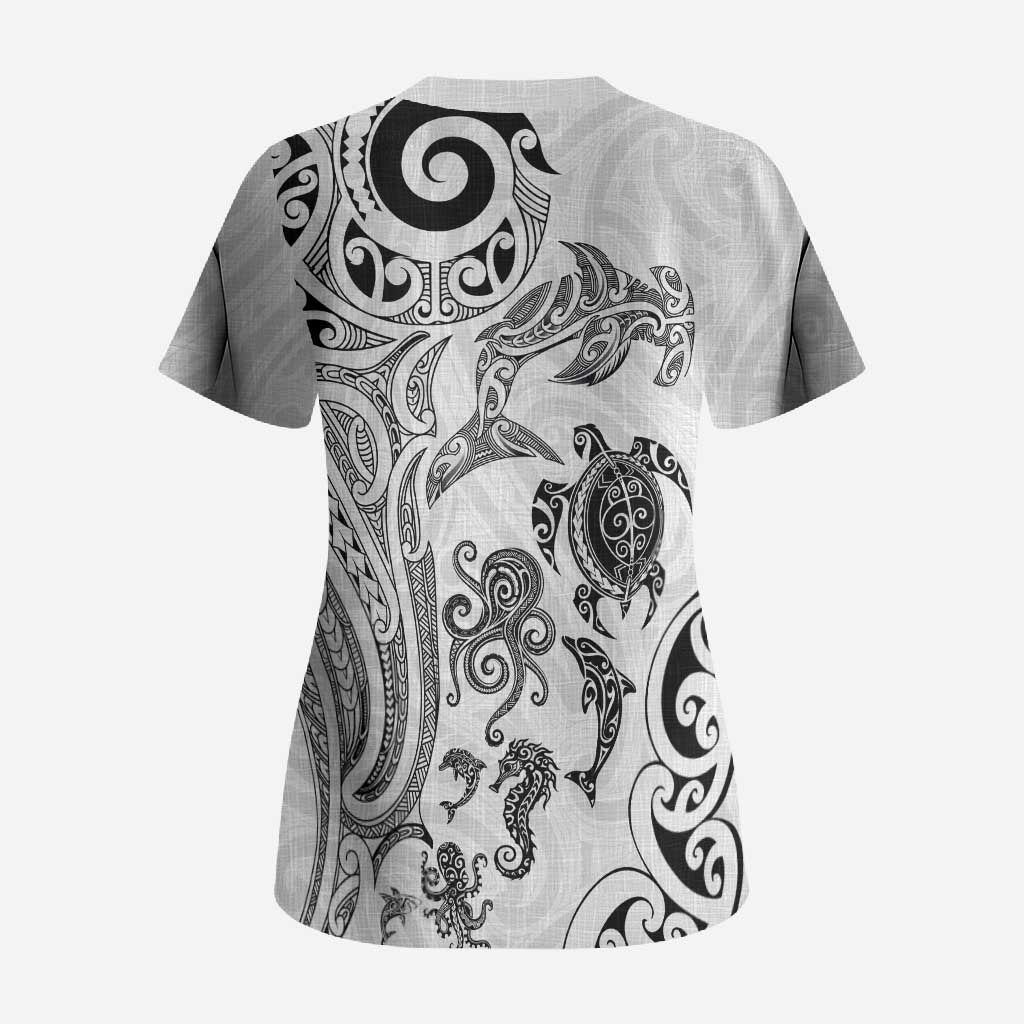New Zealand Sea Animals with Maori Tribal Tattoo Scrub Top White Color