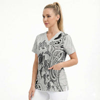 New Zealand Sea Animals with Maori Tribal Tattoo Scrub Top White Color
