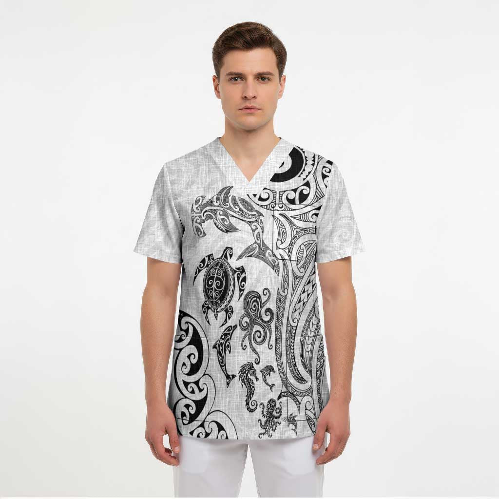 New Zealand Sea Animals with Maori Tribal Tattoo Scrub Top White Color