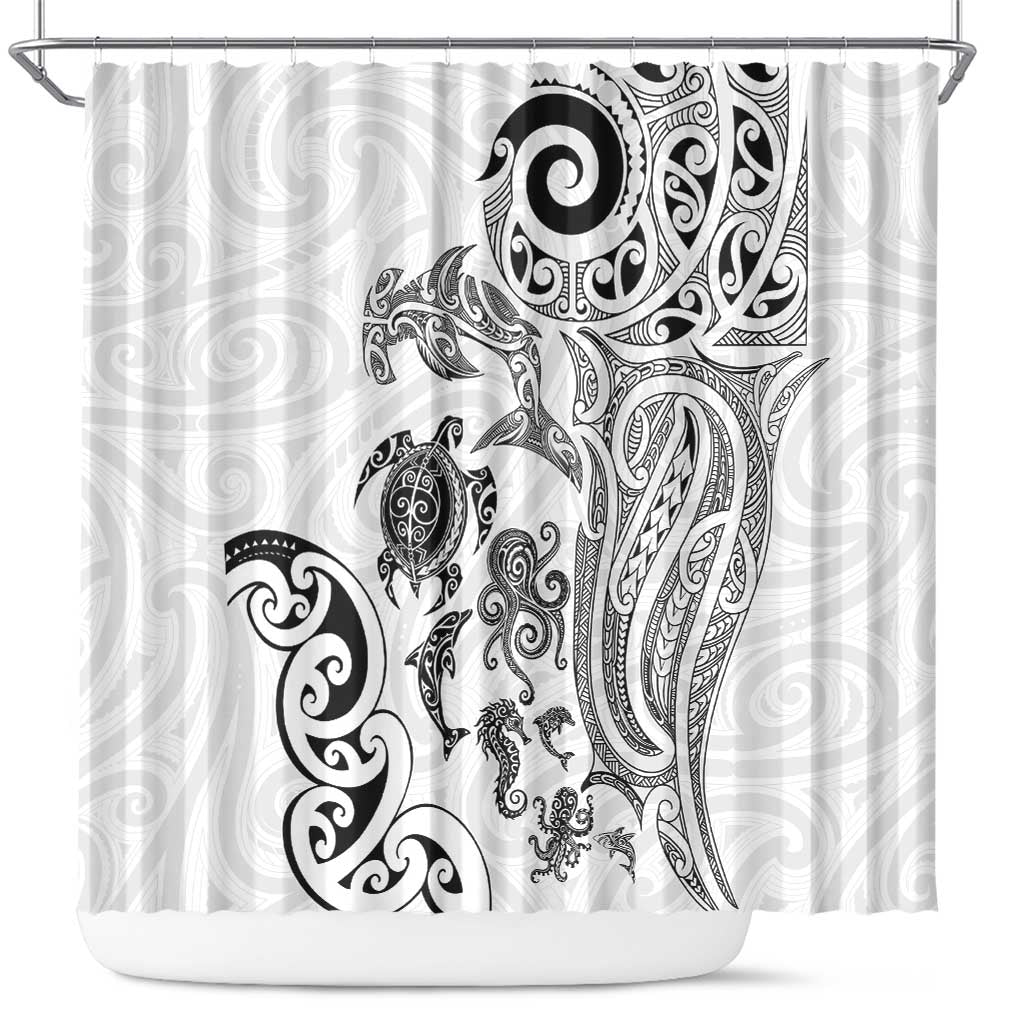 New Zealand Sea Animals with Maori Tribal Tattoo Shower Curtain White Color