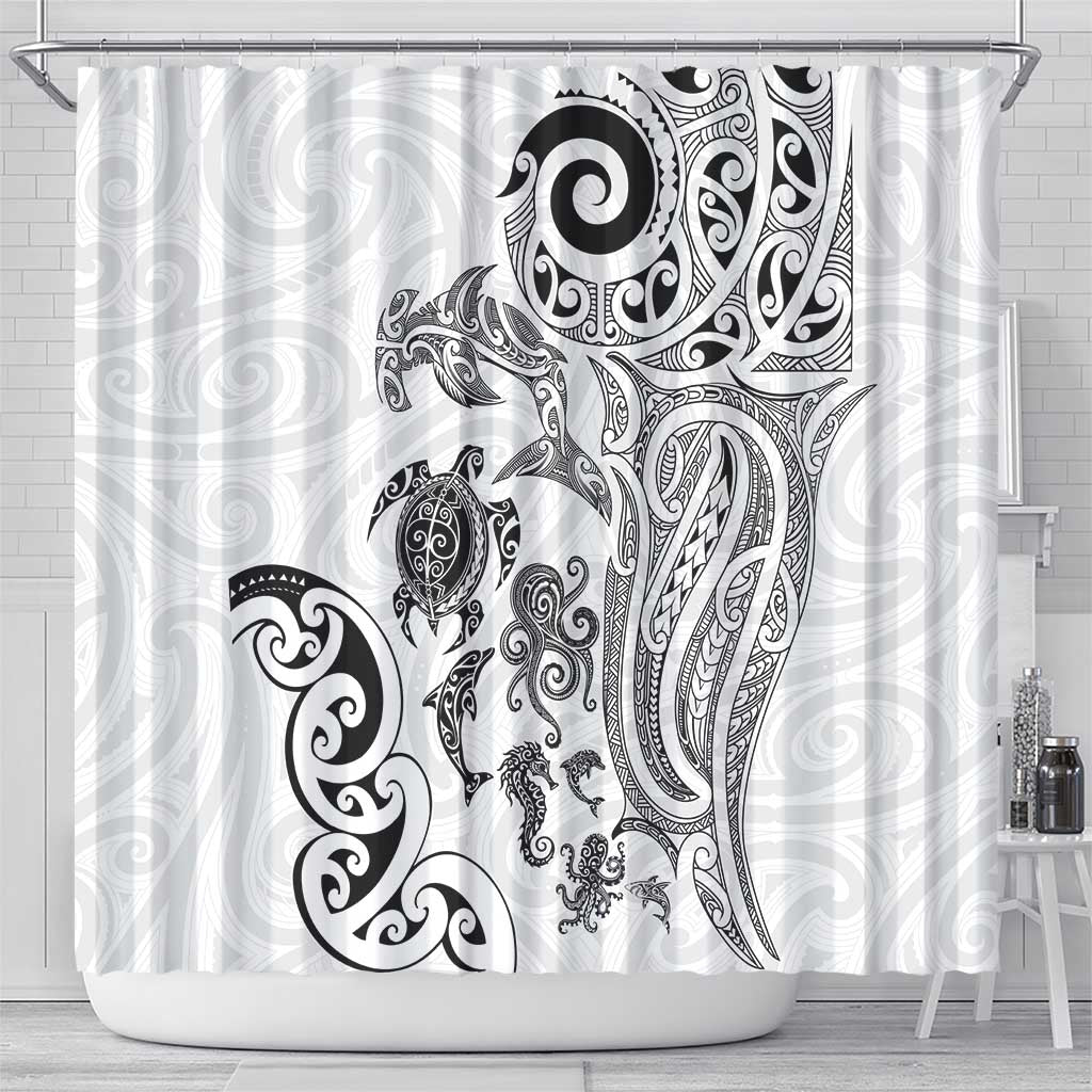 New Zealand Sea Animals with Maori Tribal Tattoo Shower Curtain White Color