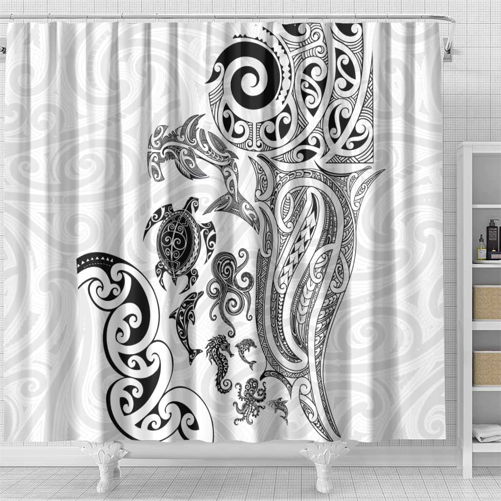 New Zealand Sea Animals with Maori Tribal Tattoo Shower Curtain White Color