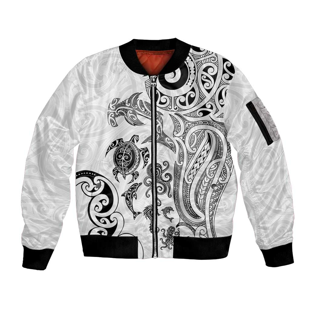 New Zealand Sea Animals with Maori Tribal Tattoo Sleeve Zip Bomber Jacket White Color