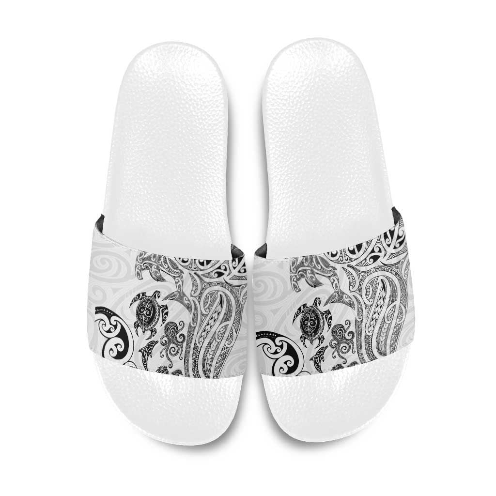 New Zealand Sea Animals with Maori Tribal Tattoo Slide Sandals White Color