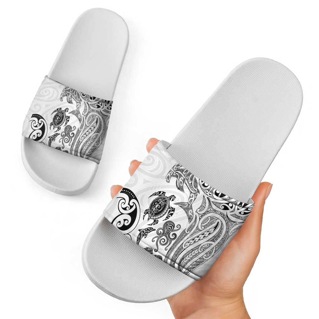 New Zealand Sea Animals with Maori Tribal Tattoo Slide Sandals White Color