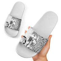 New Zealand Sea Animals with Maori Tribal Tattoo Slide Sandals White Color