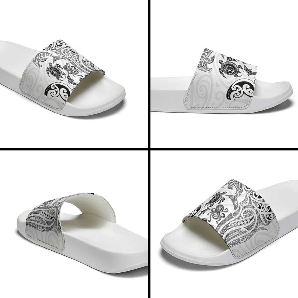 New Zealand Sea Animals with Maori Tribal Tattoo Slide Sandals White Color