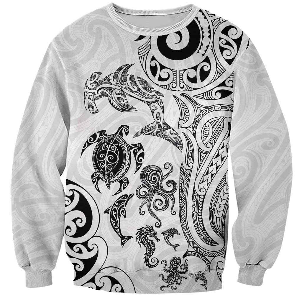 New Zealand Sea Animals with Maori Tribal Tattoo Sweatshirt White Color
