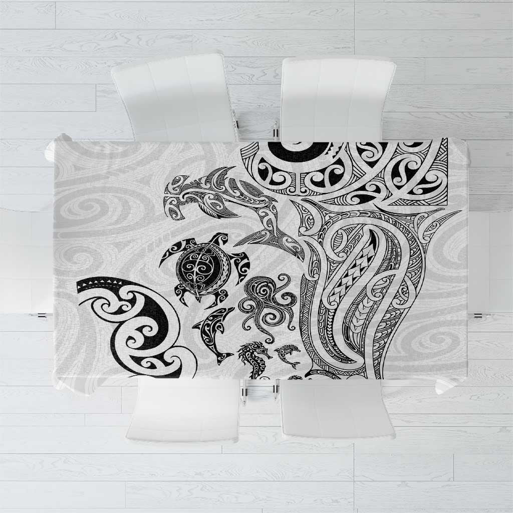 New Zealand Sea Animals with Maori Tribal Tattoo Tablecloth White Color