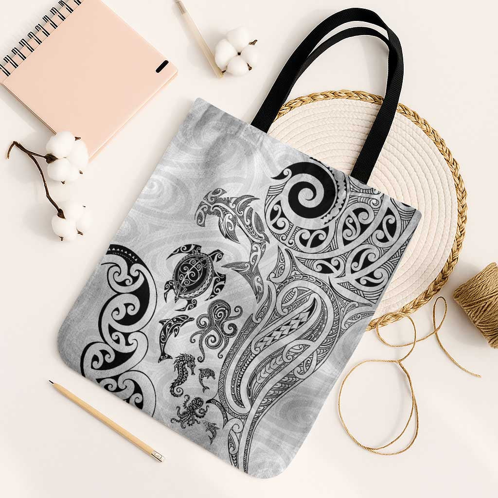 New Zealand Sea Animals with Maori Tribal Tattoo Tote Bag White Color
