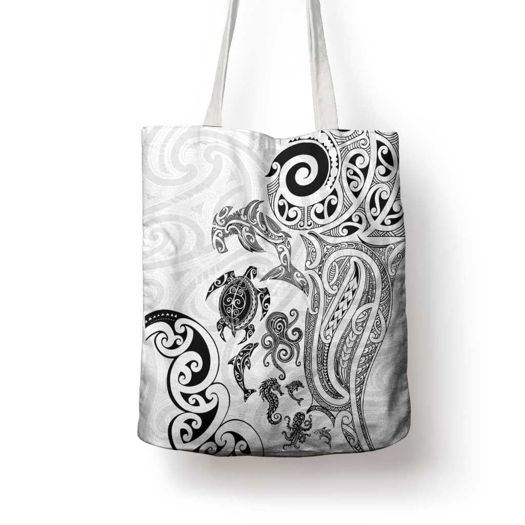 New Zealand Sea Animals with Maori Tribal Tattoo Tote Bag White Color