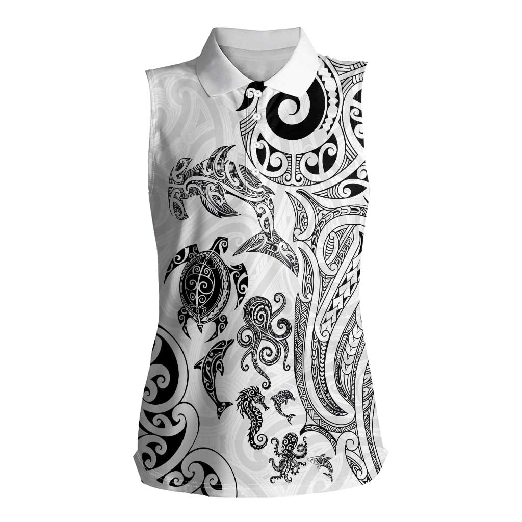 New Zealand Sea Animals with Maori Tribal Tattoo Women Sleeveless Polo Shirt White Color
