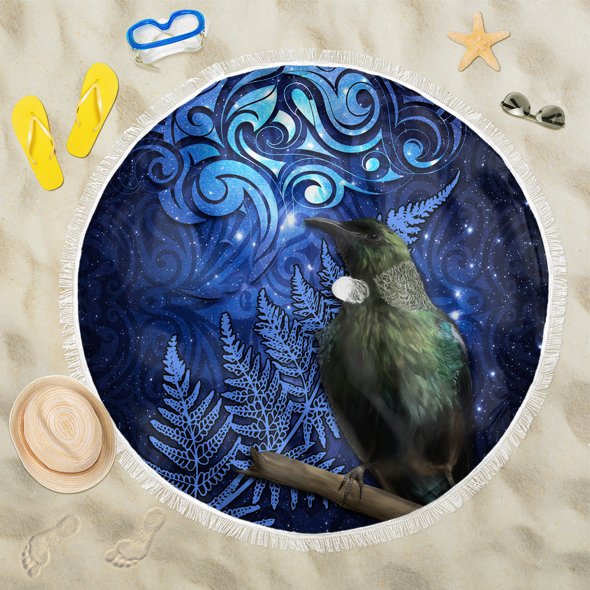 New Zealand Tui Bird Matariki Beach Blanket Maori New Year with Galaxy Fern