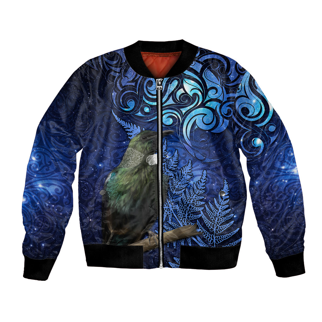 New Zealand Tui Bird Matariki Bomber Jacket Maori New Year with Galaxy Fern LT03 Unisex Blue - Polynesian Pride