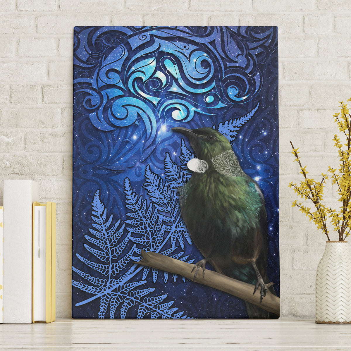 New Zealand Tui Bird Matariki Canvas Wall Art Maori New Year with Galaxy Fern